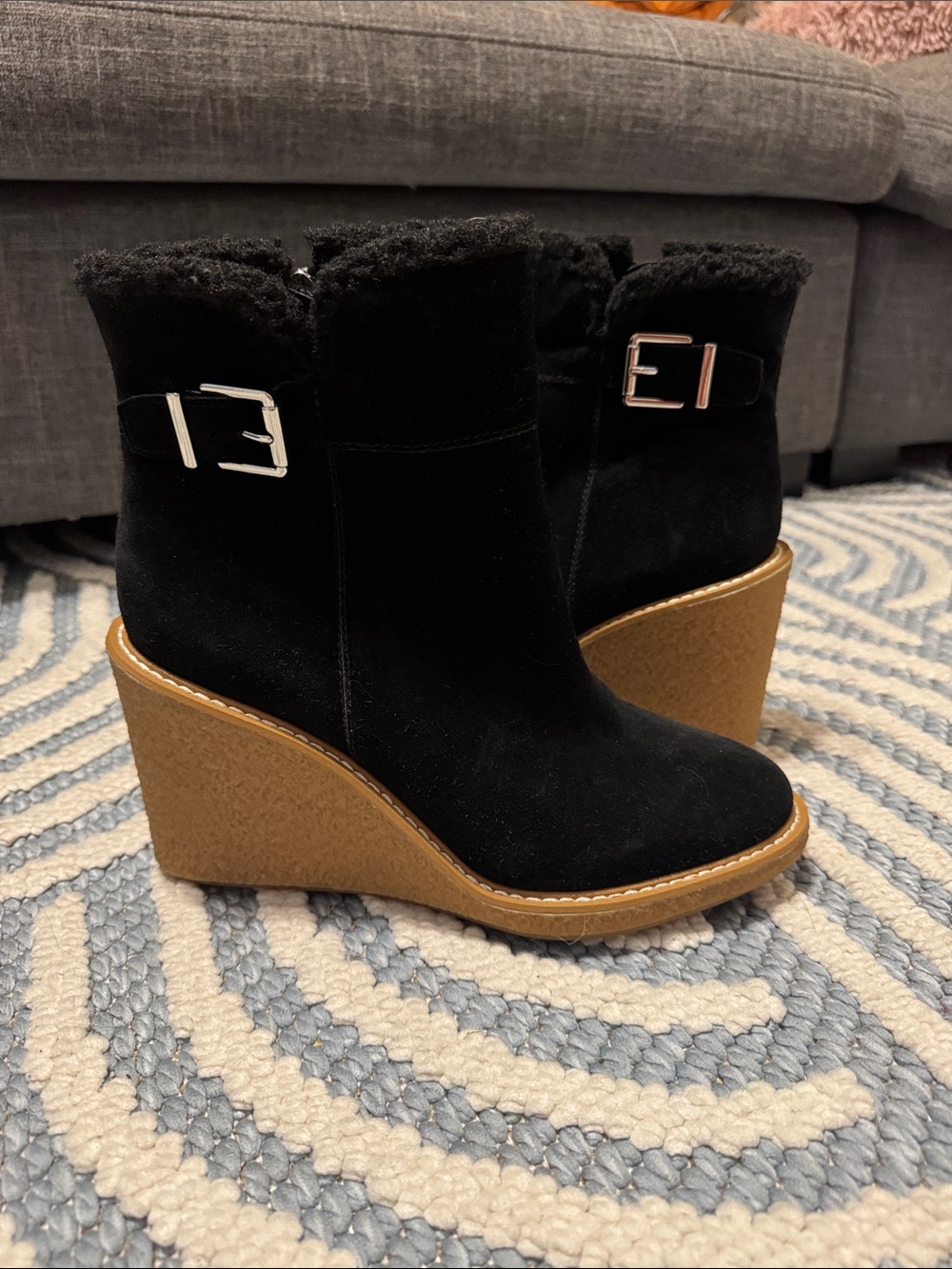 Franco Sarto Ulayna Black Suede Wedge Boots Size 10M Water Resistant